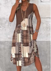 Geometric Print Patchwork Gray Brown A Line Sleeveless Dress
