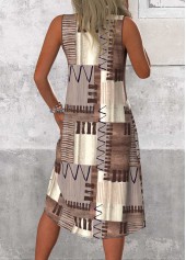 Geometric Print Patchwork Gray Brown A Line Sleeveless Dress