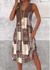 Geometric Print Patchwork Gray Brown A Line Sleeveless Dress