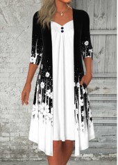 Floral Print Tummy Coverage Black 3/4 Sleeve Dress