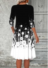 Floral Print Tummy Coverage Black 3/4 Sleeve Dress