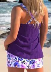 Floral Print Ruched Dark Purple Tankini Set