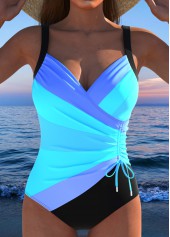 Multi Stripe Print Drawstring Blue One Piece Swimwear