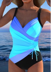 Multi Stripe Print Drawstring Blue One Piece Swimwear