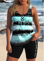 Striped Lace Up Mint Green Tankini Set