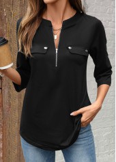Zipper Black 3/4 Sleeve Split Neck Shirt