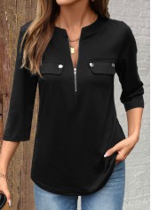 Zipper Black 3/4 Sleeve Split Neck Shirt
