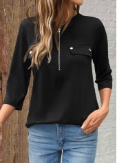 Zipper Black 3/4 Sleeve Split Neck Shirt