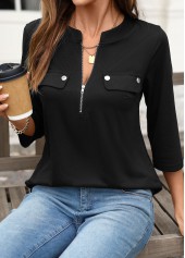 Zipper Black 3/4 Sleeve Split Neck Shirt