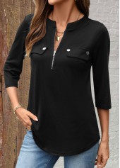 Zipper Black 3/4 Sleeve Split Neck Shirt