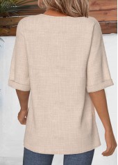 Button Light Camel Half Sleeve Round Neck Blouse