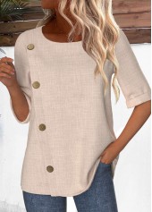 Button Light Camel Half Sleeve Round Neck Blouse