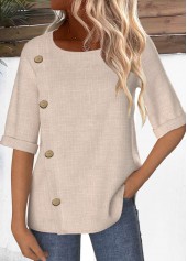 Button Light Camel Half Sleeve Round Neck Blouse