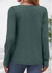 Tuck Stitch Green Long Sleeve Split Neck T Shirt