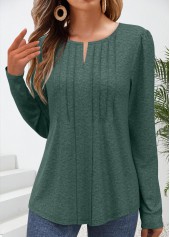 Tuck Stitch Green Long Sleeve Split Neck T Shirt