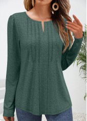 Tuck Stitch Green Long Sleeve Split Neck T Shirt