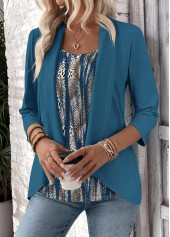 Leopard Peacock Blue 3/4 Sleeve Fake Two Piece Twinset