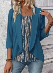 Leopard Peacock Blue 3/4 Sleeve Fake Two Piece Twinset