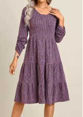 Button Purple Long Sleeve Round Neck Dress