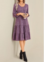 Button Purple Long Sleeve Round Neck Dress