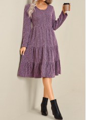 Button Purple Long Sleeve Round Neck Dress