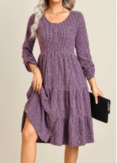 Button Purple Long Sleeve Round Neck Dress