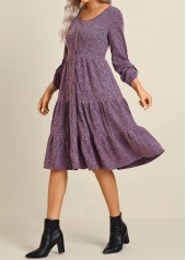 Button Purple Long Sleeve Round Neck Dress