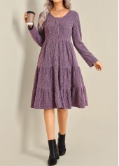 Button Purple Long Sleeve Round Neck Dress