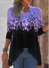 Floral Print Two Piece Purple Cardigan and Tank Top