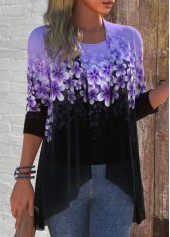 Floral Print Two Piece Purple Cardigan and Tank Top