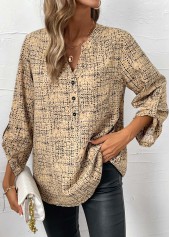Plus Size Light Camel Button Graffiti Print Shirt