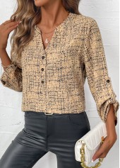 Plus Size Light Camel Button Graffiti Print Shirt
