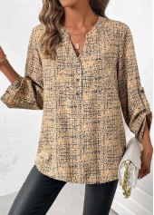 Plus Size Light Camel Button Graffiti Print Shirt