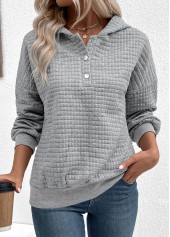 Grey Jacquard Snap Button Long Sleeve Hoodie