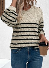 Striped Light Camel Long Sleeve Round Neck Sweater