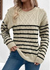Striped Light Camel Long Sleeve Round Neck Sweater
