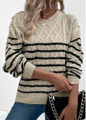 Striped Light Camel Long Sleeve Round Neck Sweater