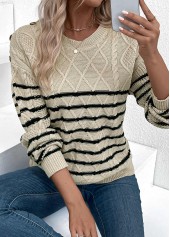 Striped Light Camel Long Sleeve Round Neck Sweater