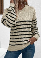 Striped Light Camel Long Sleeve Round Neck Sweater