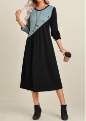 Patchwork Black A Line Long Sleeve Round Neck Dress