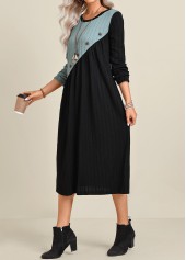 Patchwork Black A Line Long Sleeve Round Neck Dress