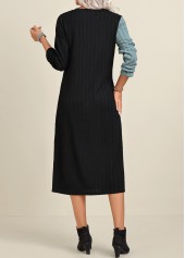 Patchwork Black A Line Long Sleeve Round Neck Dress