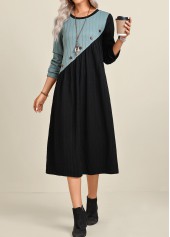 Patchwork Black A Line Long Sleeve Round Neck Dress