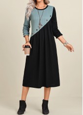 Patchwork Black A Line Long Sleeve Round Neck Dress