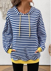 Striped Patchwork Blue Long Sleeve Hoodie