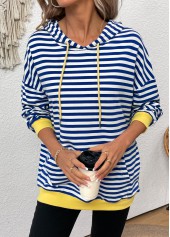 Striped Patchwork Blue Long Sleeve Hoodie