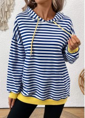 Striped Patchwork Blue Long Sleeve Hoodie