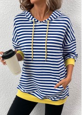 Striped Patchwork Blue Long Sleeve Hoodie