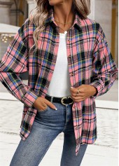 Plaid Button Tummy Coverage Pink Long Sleeve Shirt