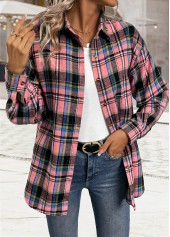 Plaid Button Tummy Coverage Pink Long Sleeve Shirt
